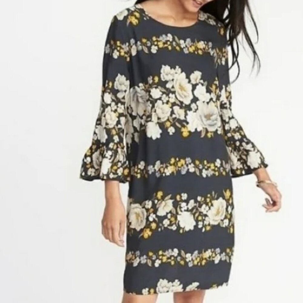 Old Navy Gray‎ Multicolor Floral Print Long Sleeve Tunic Dress SZ:L